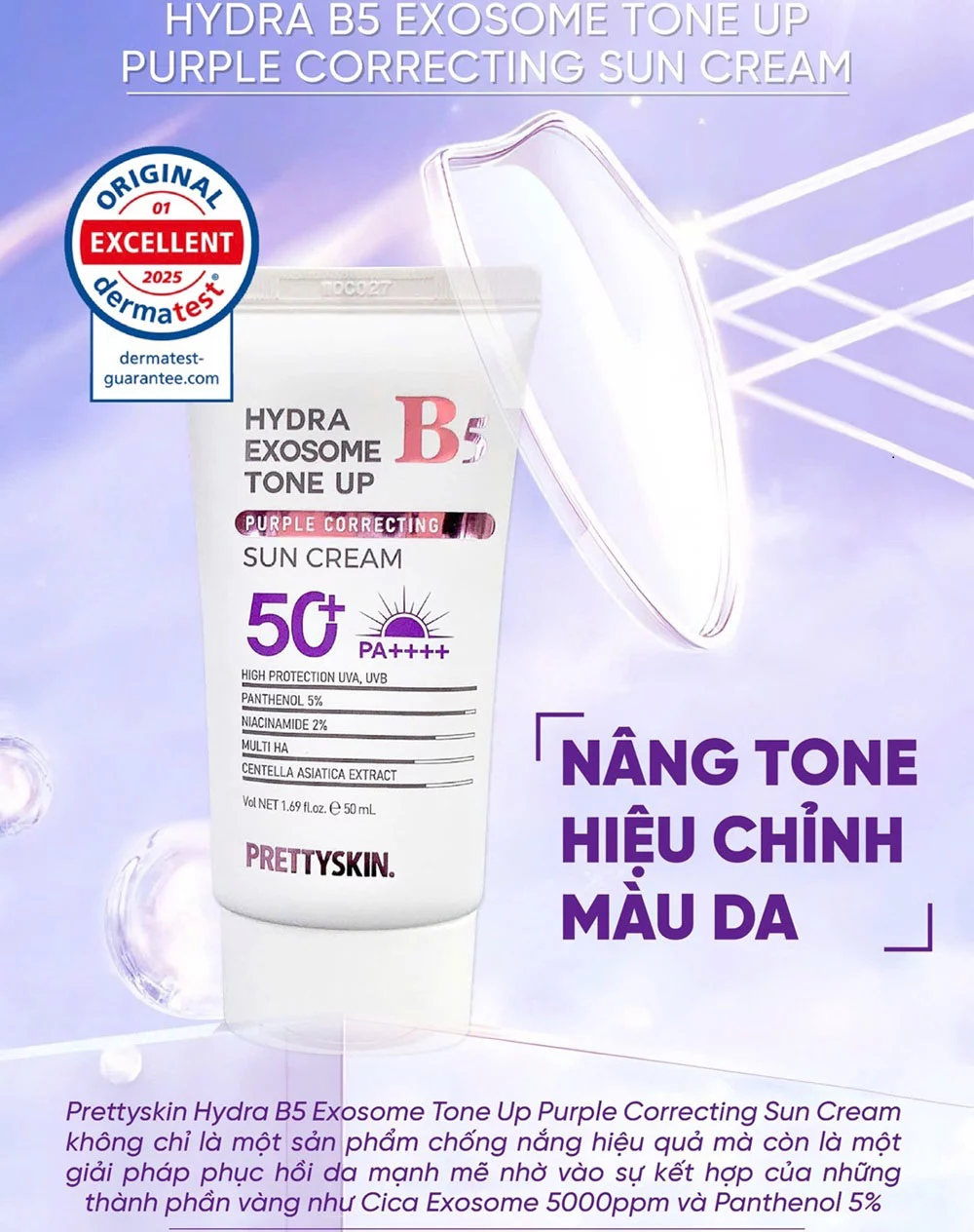 Kem chống nắng nâng tông Pretty Skin Hydra B5 Exosome Tone Up Purple Correcting Sun Cream