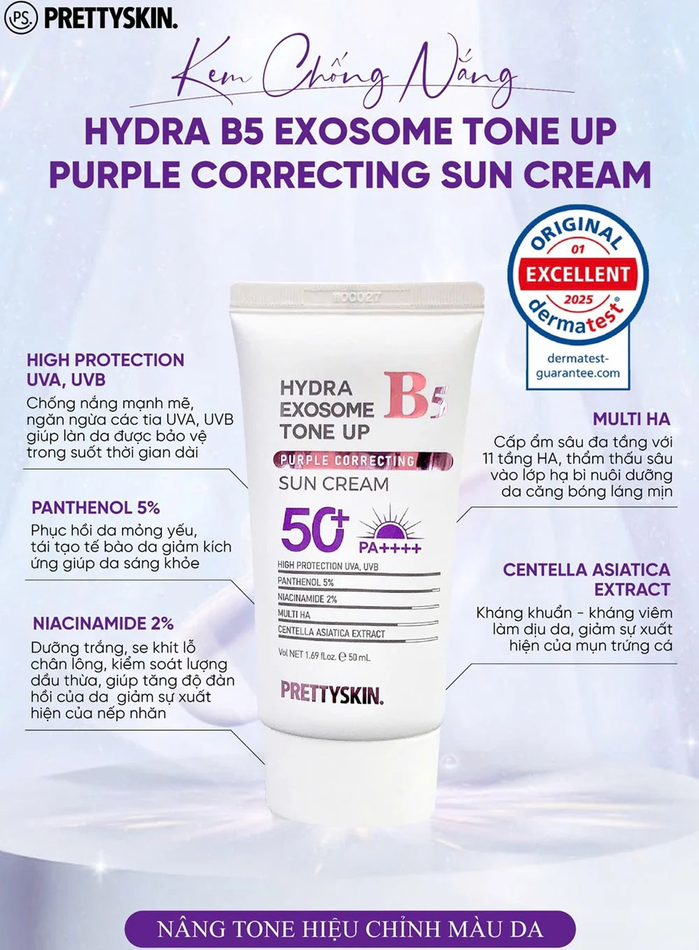 Kem chống nắng nâng tông Pretty Skin Hydra B5 Exosome Tone Up Purple Correcting Sun Cream